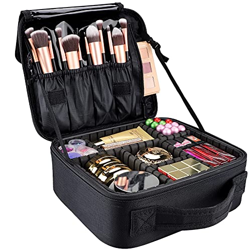 Gzcz 10.4" Black Travel Makeup Bag with Adjustable Dividers for Cosmetics