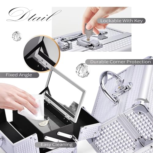 Joligrace Silver 2-Tier Makeup Train Case Organizer with Lock, Keys, and Mirror - Image 4