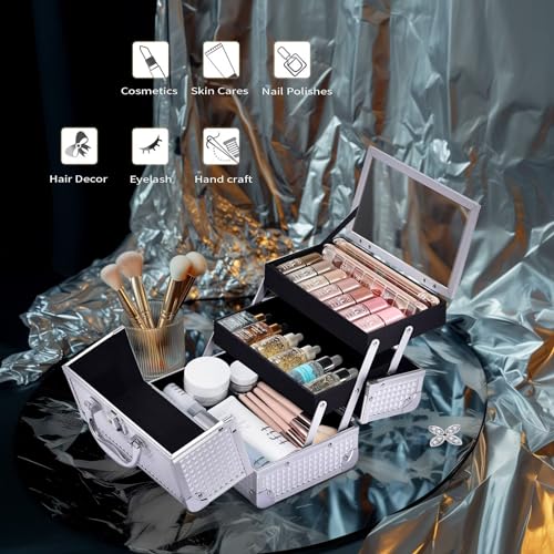 Joligrace Silver 2-Tier Makeup Train Case Organizer with Lock, Keys, and Mirror - Image 2