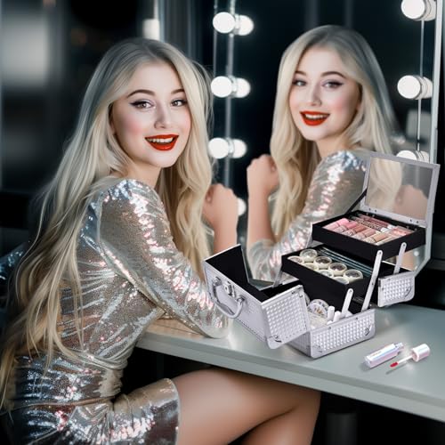 Joligrace Silver 2-Tier Makeup Train Case Organizer with Lock, Keys, and Mirror - Image 7