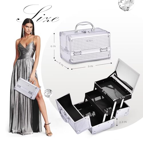 Joligrace Silver 2-Tier Makeup Train Case Organizer with Lock, Keys, and Mirror - Image 5
