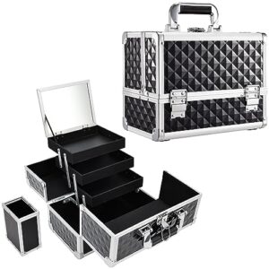 Joligrace Large Black Makeup Train Case with Built-in Mirror and Lockable 3-Tray Organizer
