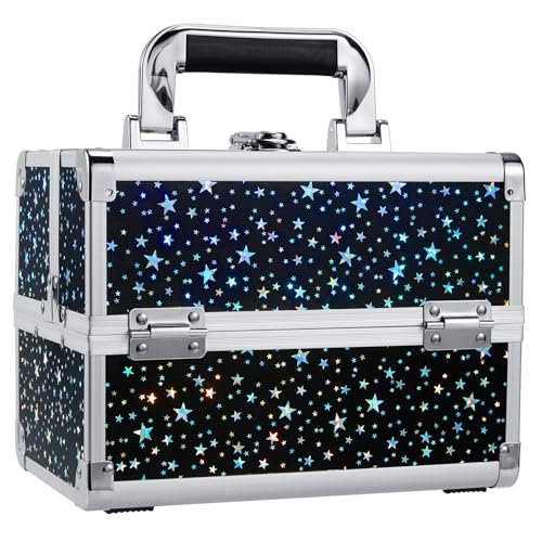 Joligrace Black Star Portable Makeup Train Case with 2 Trays and Lockable Mirror Organizer