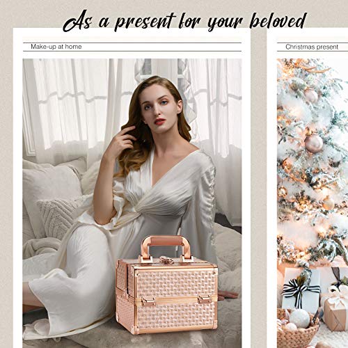 Joligrace Rose Gold Makeup Train Case 2-Tier Organizer with Lockable Keys and Mirror - Image 2