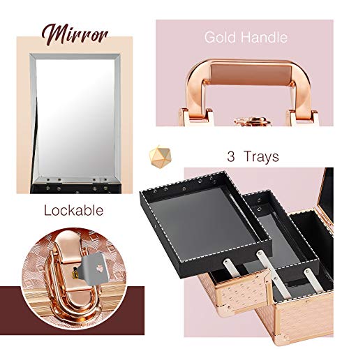 Joligrace Rose Gold Makeup Train Case 2-Tier Organizer with Lockable Keys and Mirror - Image 5