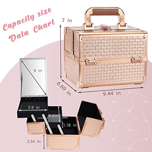 Joligrace Rose Gold Makeup Train Case 2-Tier Organizer with Lockable Keys and Mirror - Image 6