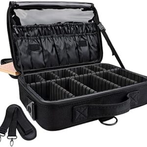 JOURMON 3-Layer Black Travel Makeup Case Organizer with Adjustable Dividers and Shoulder Strap