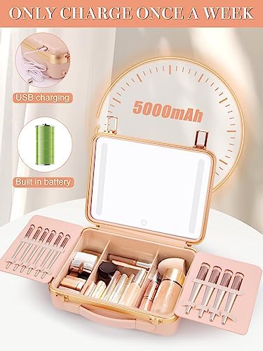 Kalolary Pink Portable Makeup Train Case with Lighted Mirror and Adjustable Brightness 10 x 8 x 5 Inches - Image 5