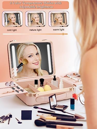 Kalolary Pink Portable Makeup Train Case with Lighted Mirror and Adjustable Brightness 10 x 8 x 5 Inches - Image 2