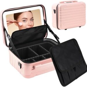Kalolary Pink Travel Makeup Train Case with Lighted Mirror, Adjustable Dividers, 3 Layer