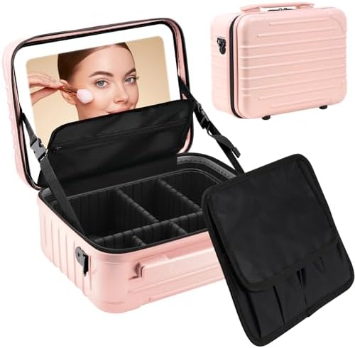 Kalolary Pink Travel Makeup Train Case with Lighted Mirror, Adjustable Dividers, 3 Layer