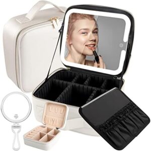 Khaki Travel Vanity Bag with Light and Mirror, Large Capacity, Adjustable Dividers