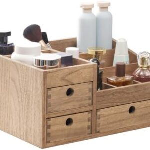 KIRIGEN Brown Wood Makeup Organizer with 8 Compartments and 3 Drawers for Storage