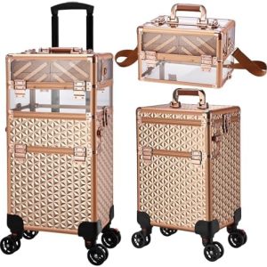 Professional 3-in-1 Rolling Makeup Case with Wheels, Acrylic Rose Gold, Large Capacity