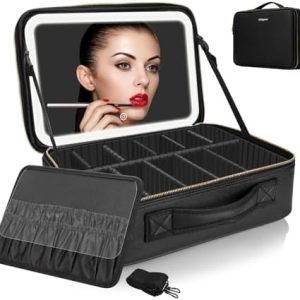 Extra Large Black Makeup Organizer 14.6 inch with Lighted Mirror and Adjustable Brightness