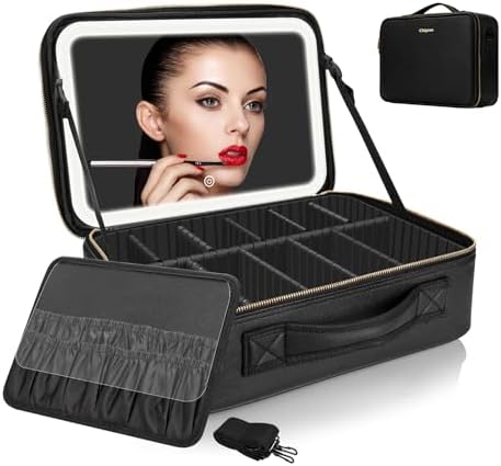 Extra Large Black Makeup Organizer 14.6 inch with Lighted Mirror and Adjustable Brightness