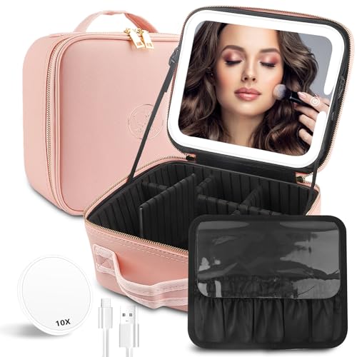 Large Pink Makeup Train Case with Built-in Light and Double-Sided Magnifying Mirror