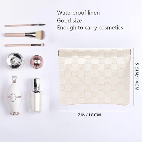 White Leather Pocket Cosmetic Bag, Waterproof Self-Closing Makeup Pouch for Women's Purses - Image 2