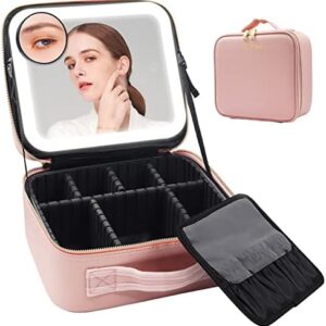Portable LED Lighted Makeup Bag with Mirror, Travel Cosmetic Organizer, Adjustable Dividers