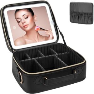 Black LED Makeup Bag with Rechargeable Dimmable Mirror and Brush Organizer