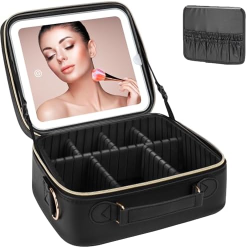 Black LED Makeup Bag with Rechargeable Dimmable Mirror and Brush Organizer