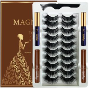 Magnetic Eyelashes with Eyeliner Kit 18-21MM Fluffy Dramatic Faux Mink Lashes 10 Pairs Long Luxury Volume Fake Eye Lashes Easy to Apply Cruelty-Free&Vegan （2 black+2brown)