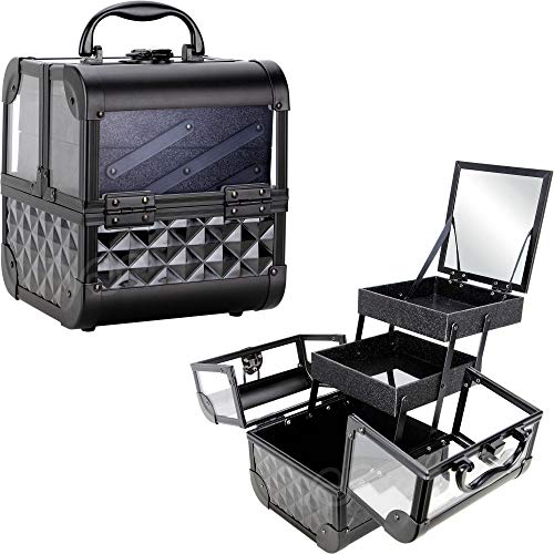 Makeup acrylic see through mini train aluminum case organizer box two cantilevered shelves with lid mirror key locks easy clean - vk005, Black Diamond