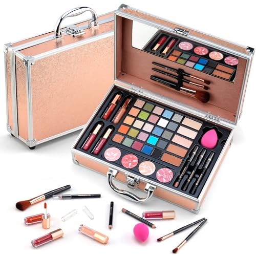 13-Piece Makeup Kit for Women in Gold Train Case with Mirror and Blushes