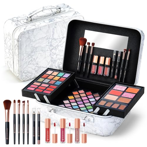 White Makeup Train Case Kit with Mirror, Eyeshadow, Lipgloss, Blushes, and Brushes Included