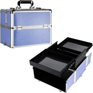 Lavender Stripes Lockable Aluminum Travel Makeup Organizer with 2 Sliding Trays