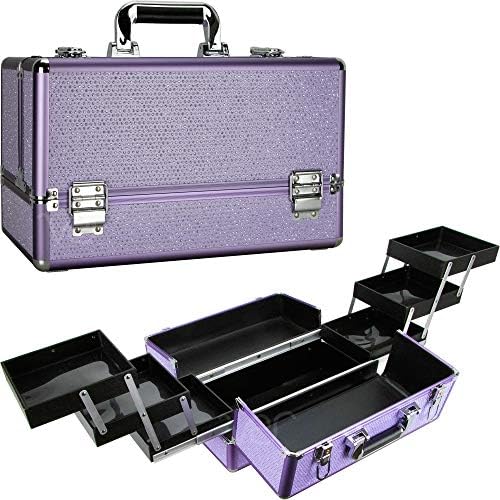 Makeup Organizer, Cosmetic Travel Kit, Makeup Artist Supplies, 6 Extendable Trays, Lockable Storage Box, Makeup Train Case, Aluminium Case, Scratch Resistant Makeup Vanity (Purple)