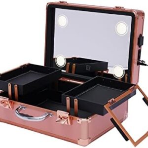 Makeup Train Case, Cosmetic Organizer Box Makeup Case with Lights and Mirror, Makeup Case with Customized Dividers, Large Makeup Artist Organizer Kit For Storing (Rose Gold)