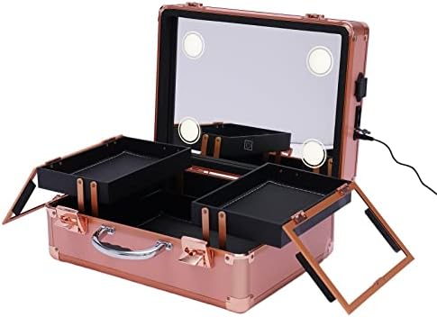 Makeup Train Case Makeup Case with LED Light Mirror Professional Artist Cosmetic Large Makeup Artist Organizer Kit (Gold)