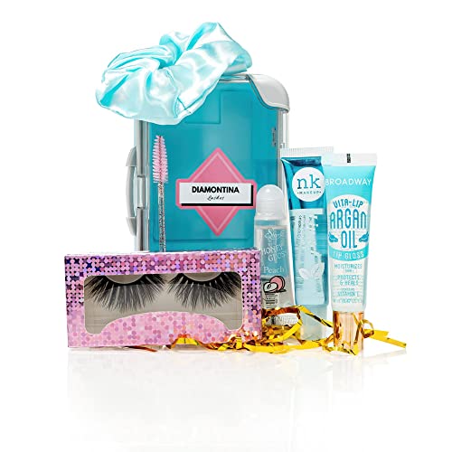 Unisex Blue Mini Suitcase Makeup Kit with Lashes, 3 Lip Glosses, Spoolie, Scrunchie