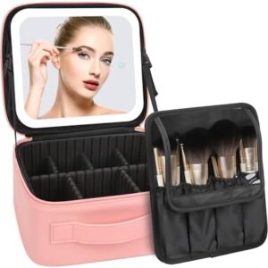 MONSTINA Pink Travel Makeup Bag with Integrated LED Mirror and 3 Brightness Settings for Women