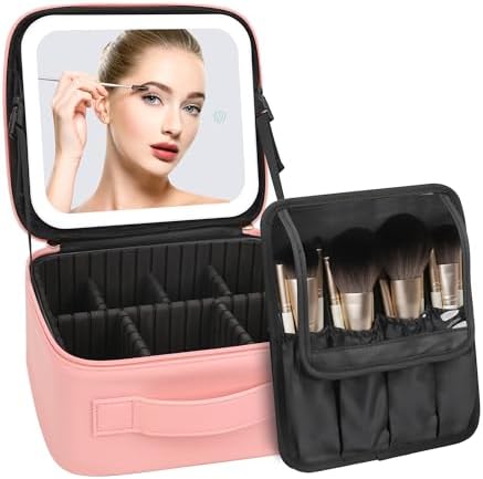 MONSTINA Pink Travel Makeup Bag with Integrated LED Mirror and 3 Brightness Settings for Women