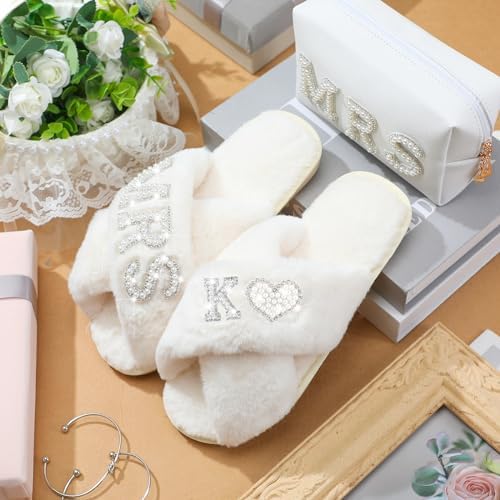 Personalized MRS Pearl Bride Slippers and White Makeup Bag Set for Wedding Day - Image 4