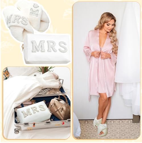 Personalized MRS Pearl Bride Slippers and White Makeup Bag Set for Wedding Day - Image 5
