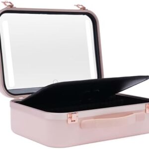 Pink LED Makeup Train Case with Mirror and Dimmable Lights, Customizable Dividers