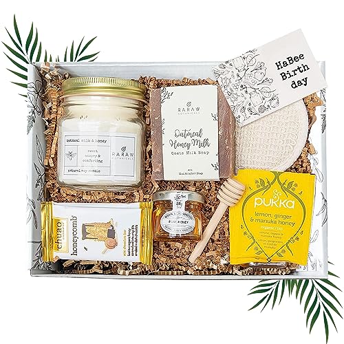 RaRaw Botanicals Birthday Self Care Gift Box with Soap, Candle, Loofah, Tea, Chocolate