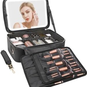 Relavel 16.2 Inch Large Black Travel Makeup Bag with Integrated LED Mirror