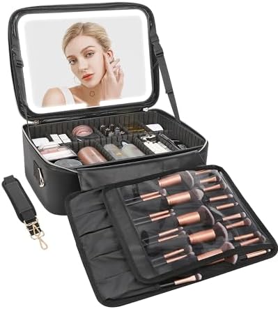 Relavel 16.2 Inch Large Black Travel Makeup Bag with Integrated LED Mirror