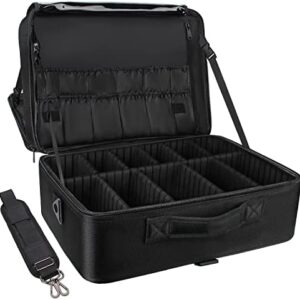 Relavel Extra Large Black Portable Makeup Case with Adjustable Dividers and Shoulder Strap