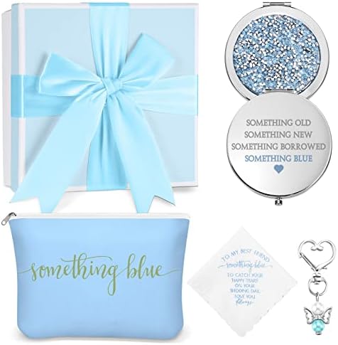 Set of 5 Bridal Something Blue Wedding Gifts with Charm, Mirror, Bag, Box