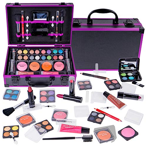 SHANY Pro Makeup Train Case with Purple Cosmetic Set, Brushes, and Lipsticks Included