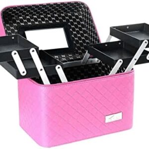 Sooyee Makeup Bag Cosmetic Bags with Mirror, Makeup Organizer 4 Layer Foldable Tray Open to The Sides,Makeup Travel Bag for Women,Makeup Box Train Case,Pink