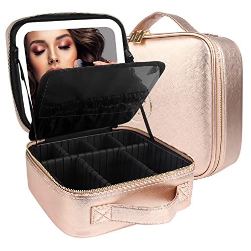 Travel Cosmetic Train Case with Lighted Mirror, Adjustable Dividers, Makeup Organizer for Women, Champagne