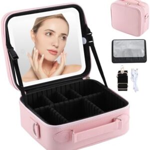 Portable LED Makeup Bag with Detachable Mirror, Waterproof, Adjustable Dividers