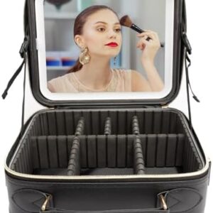 Portable LED Makeup Train Case with Mirror, 3 Color Lights, Adjustable Compartments for Women