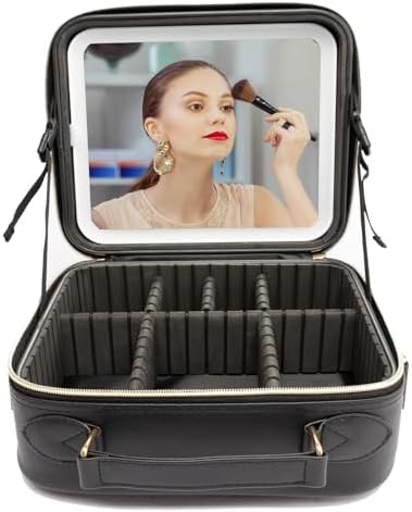 Portable LED Makeup Train Case with Mirror, 3 Color Lights, Adjustable Compartments for Women